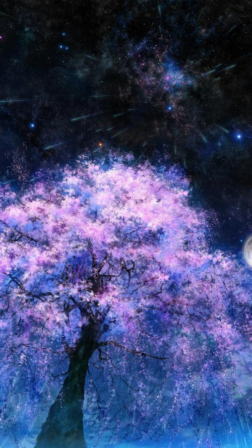 星空樱花树彩铅画图片