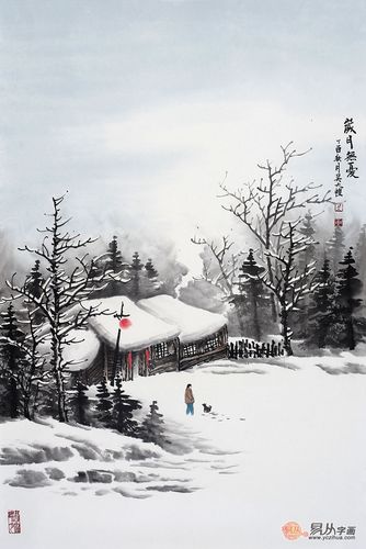 冬天雪景山水画作品 冬天雪景绘画作品