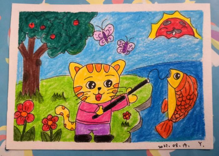 小猫钓鱼简笔画图片