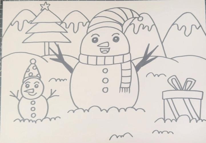 冬天图画儿童画雪人 冬天绘画雪人