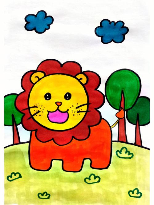 卡通狮子简笔画彩色 