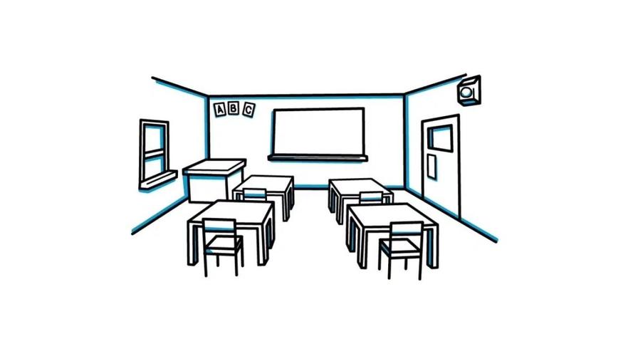 一年级教室简笔画 有黑板书书桌风扇墙壁地板讲桌电脑