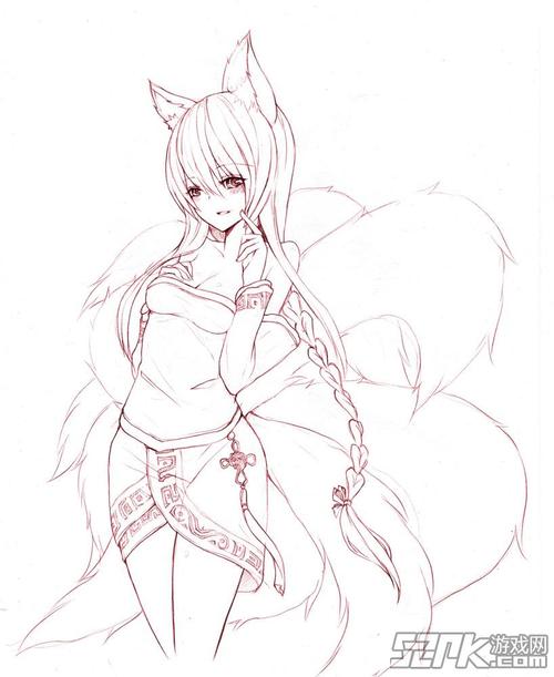 九尾狐女手绘线稿图图片