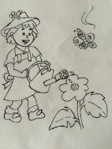 小女孩浇花简笔画