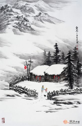 冬天雪景山水画作品 冬天雪景绘画作品