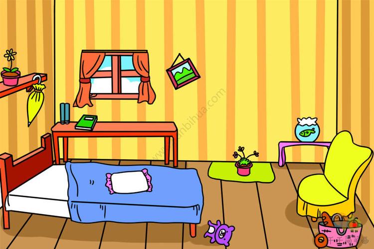 房间简笔画儿童画 房间简笔画儿童画有床桌子椅子电脑和植物