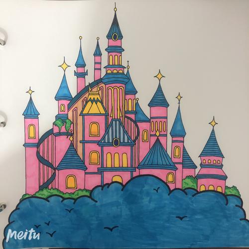 简单城堡简笔画 彩色图片