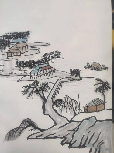 六年级学生美术课学习绘制中国山水画一年级