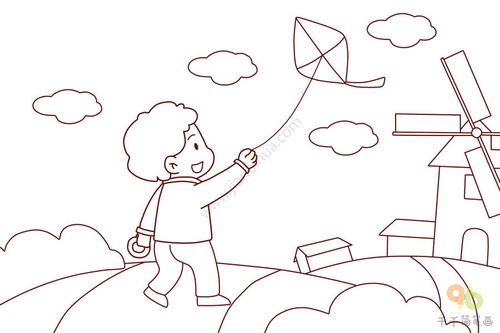 简笔画小孩放风筝卡通图片