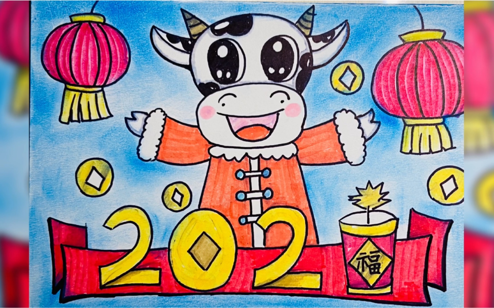 牛年春节绘画儿童画图片